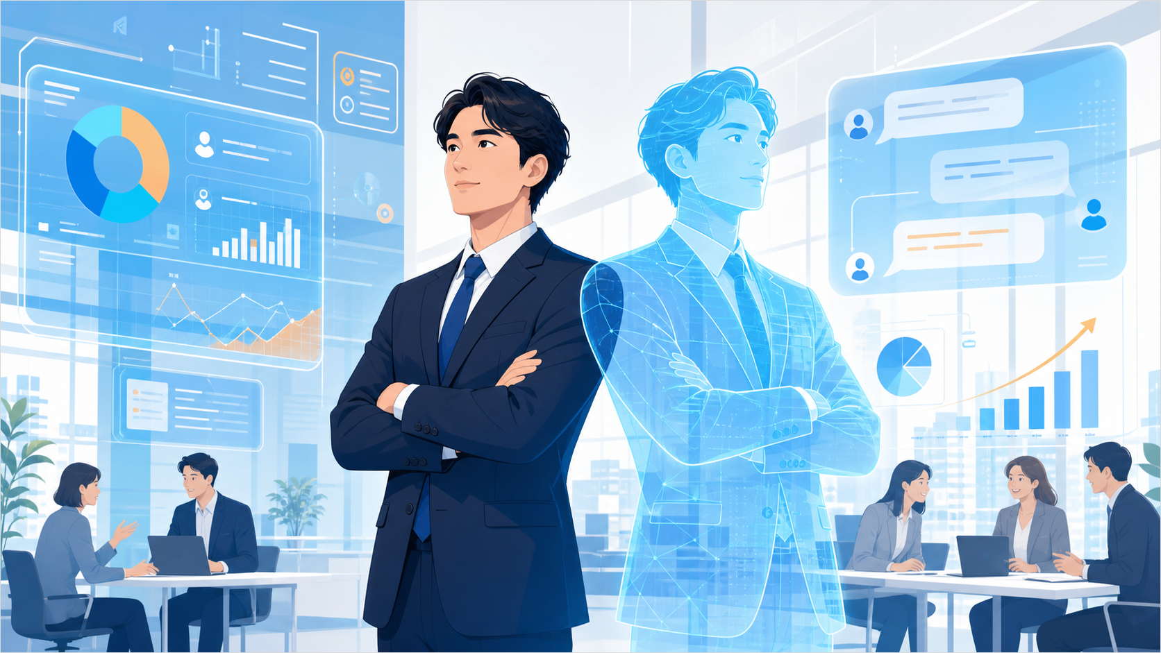スーツ姿の営業マネージャーと、その隣に立つ青い光のAI分身。背景にはダッシュボードやチャット画面、商談する同僚たちが描かれ、管理職とAIが並んで現場を支えるイメージ